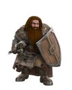 Fantasy Dwarf character with long hair and beard dressed in battle armour holding an axe and shield. 3D rendering isolated Royalty Free Stock Photo