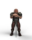 3D illustration of a fantasy dwarf character wearing armour, standing and leaning on a large sword isolated on a white background