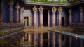 Fantasy Egyptian temple or tomb with blue painted stone walls and water in front with reflections. 3D illustration