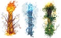 Fantasy elemental pillars representing fire, ice, and nature, intertwined with vibrant foliage and flames Royalty Free Stock Photo