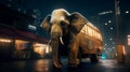 Fantasy elephant bus on asian night city street in cyberpunk style. Generative AI