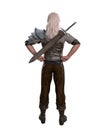 Fantasy Elf warrior man standing with hands on hips wearing sword on his back and facing away from the viewer. Isolated 3D Royalty Free Stock Photo