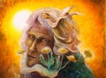 Fantasy elven fairy man portrait with dandelion, colorful