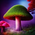 Fantasy enchanted fairy tale forest with magical Mushrooms. Beautiful macro shot of magic mushroom, fungus. Magic light. Royalty Free Stock Photo