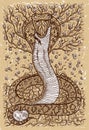 Snake symbol with Eve, Adam, tree of knowledge and flowers on old texture background