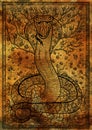 Snake symbol with Eve, Adam, tree of knowledge and flowers on antique texture background