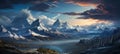 Fantasy epic magic mountain landscape. Mystical winter valley valley. generative ai