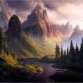 Fantasy epic magic mountain landscape. Summer nature. Mystical valley