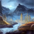 Fantasy epic magic mountain landscape. Summer nature. Mystical valley