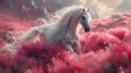 Fantasy Equine Run White Horse in Pastel Mountains Meadow Pink