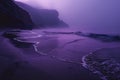 Fantasy ethereal dark purple beach with fog