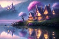 Fantasy evening landscape, fairy tale village on the river, magic scenery, cartoon illustration