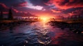 Fantasy Evening scene of river with a beautiful landscape Paradise sunset AI generated