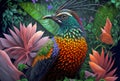 Fantasy exotic bright bird on floral backgroud, paradise flowers, tropical wallpaper, close-up