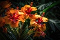 Fantasy exotic tropical flowers. Beautiful jungle floral background. Generative AI