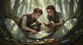 Fantasy Explorers Deciphering Ancient Runes in an Enchanted Forest Royalty Free Stock Photo