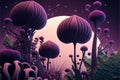 Fantasy extraterrestrial plants and fungus on cosmic landscape background. Generative illustration