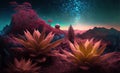 Fantasy extraterrestrial plants and fungus on cosmic landscape background. Generative illustration