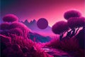 Fantasy extraterrestrial plants and fungus on cosmic landscape background. Generative illustration