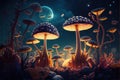 Fantasy extraterrestrial plants and fungus on cosmic landscape background. Generative illustration