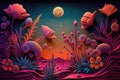 Fantasy extraterrestrial plants and fungus on cosmic landscape background. Generative illustration