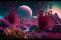 Fantasy extraterrestrial plants and fungus on cosmic landscape background. Generative illustration