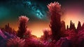 Fantasy extraterrestrial plants and fungus on cosmic landscape background. Generative illustration