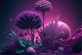 Fantasy extraterrestrial plants and fungus on cosmic landscape background. Generative illustration