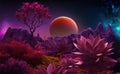 Fantasy extraterrestrial plants and fungus on cosmic landscape background. Generative illustration