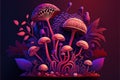 Fantasy extraterrestrial plants and fungus on cosmic landscape background. Generative illustration