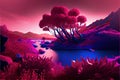 Fantasy extraterrestrial plants and fungus on cosmic landscape background. Generative illustration