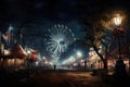 Fantasy fairground with a ferris wheel at night. 3D rendering, An eerie scene of a deserted carnival at midnigh, AI Generated