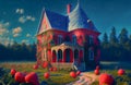 Fantasy fairly tale strawberry house in garden, ai illustration