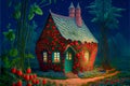 Fairly tale strawberry house in garden, ai illustration