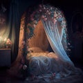 Generative AI: fairy bed with flowers Royalty Free Stock Photo