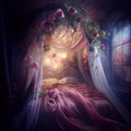 Generative AI: fairy bed with flowers Royalty Free Stock Photo