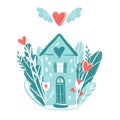 Fantasy fairy house with flowers and a flying heart. Postcard for Valentine`s day. Pink and blue colors