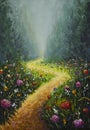 Fantasy fairy tale art landscape acrylic painting flower road in fairy forest