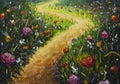 Fantasy fairy tale art landscape acrylic painting flower road in fairy forest