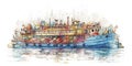 Fantasy fairy tale cargo ship, concept watecolor banner illustration isolated on white, AI generative image