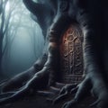 Fantasy fairy tale door in a tree trunk in dark forest Royalty Free Stock Photo