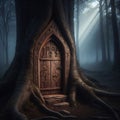 Fantasy fairy tale door in a tree trunk in dark forest Royalty Free Stock Photo