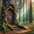 Fantasy fairy tale door in a tree trunk in forest Royalty Free Stock Photo