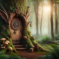 Fantasy fairy tale door in a tree trunk in forest Royalty Free Stock Photo