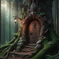 Fantasy fairy tale door in a tree trunk in forest Royalty Free Stock Photo