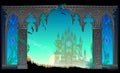 Fantasy fairy tale environment. Landscape with ruined gothic castle and stained glass. Background for computer game, mural