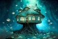 Fantasy fairy tale house in the forest with tree roots and mushrooms