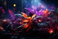 Fantasy fairy tale wallpaper with flame, smoke, forest, blooming flowers and plants, fabulous garden and night background, AI