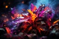 Fantasy fairy tale wallpaper with flame, smoke, forest, blooming flowers and plants, fabulous garden and night background, AI