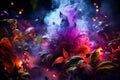 Fantasy fairy tale wallpaper with flame, smoke, forest, blooming flowers and plants, fabulous garden and night background, AI